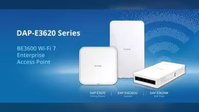 Visuel promotionnel D-Link DAP-E3620 Series BE3600 Wi‑Fi 7 Enterprise Access Point, vue frontale, murale et plafond