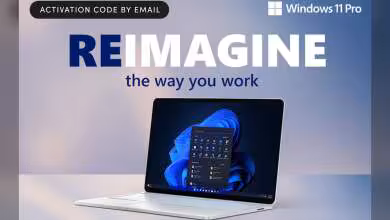 Visuel promotionnel Windows 11 Pro avec ordinateur portable affichant l’interface, slogan « REIMAGINE the way you work »