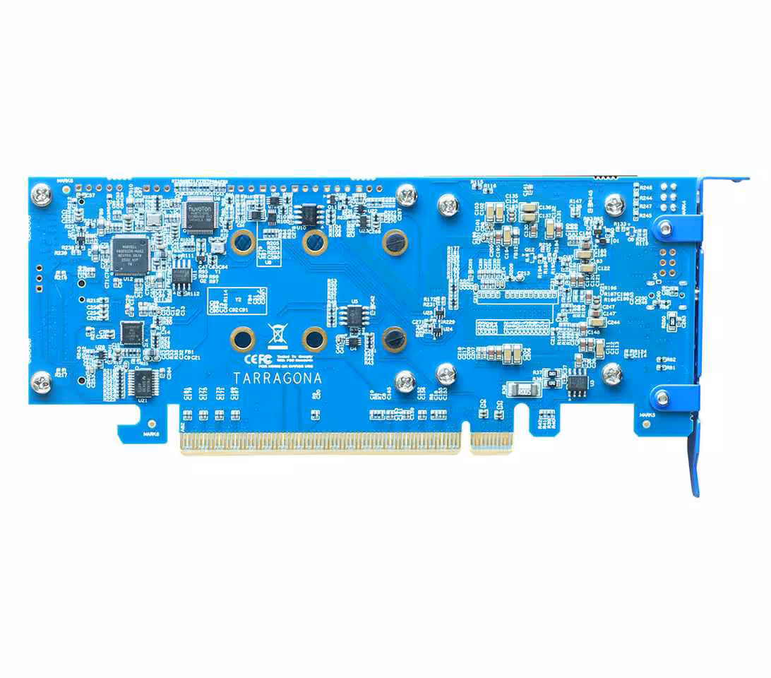 Face arrière de la carte APT Tarragona PCIe, PCB bleu avec connecteurs et composants visibles