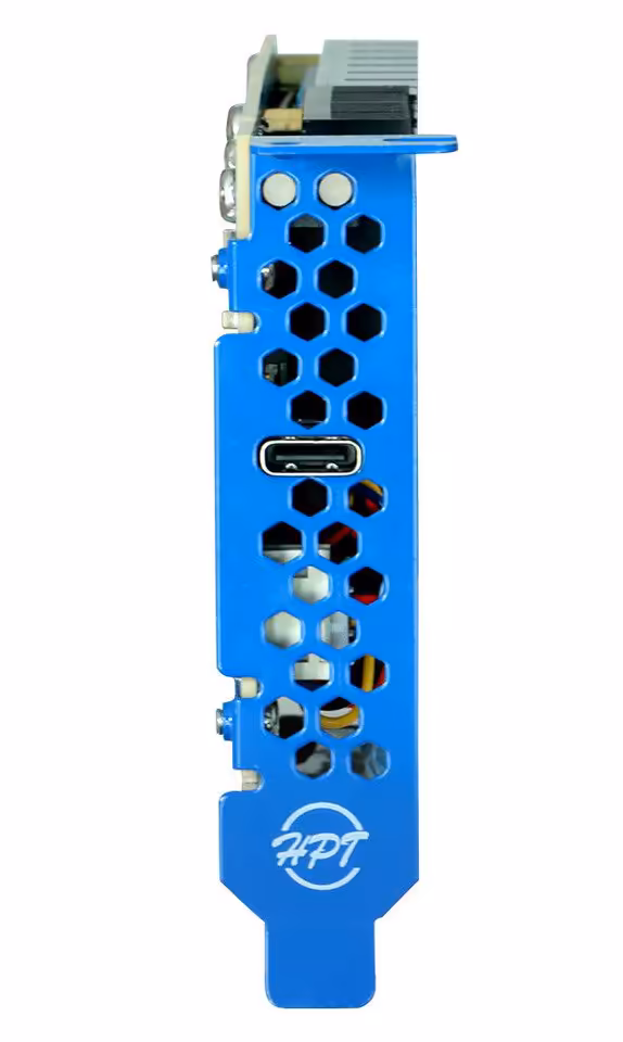 Équerre bleue APT avec grille d’aération et port USB-C visible