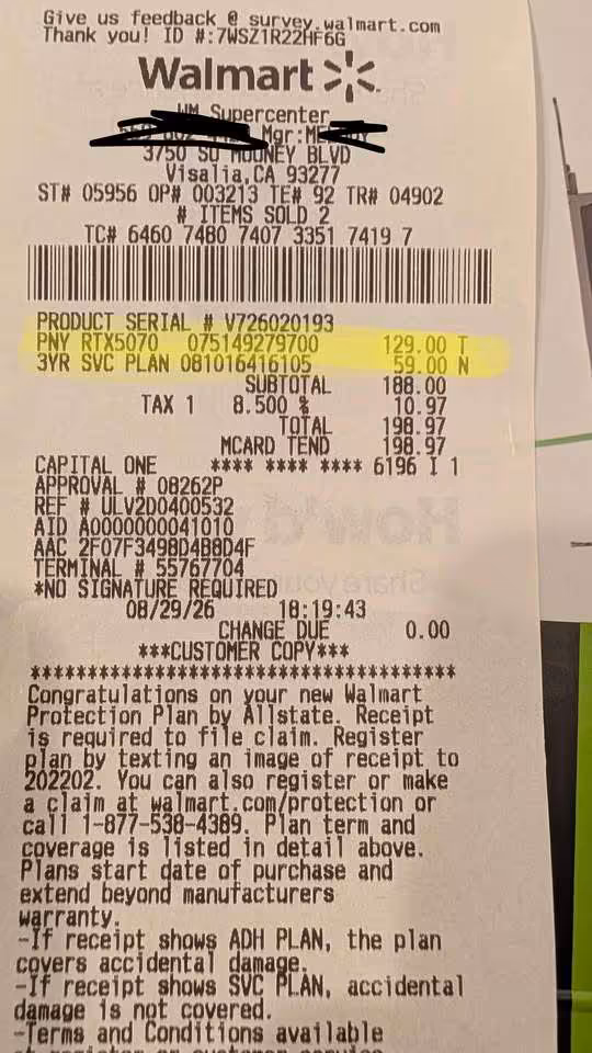 Ticket Walmart montrant l’achat d’une PNY RTX 5070 à 129 dollars et garantie.