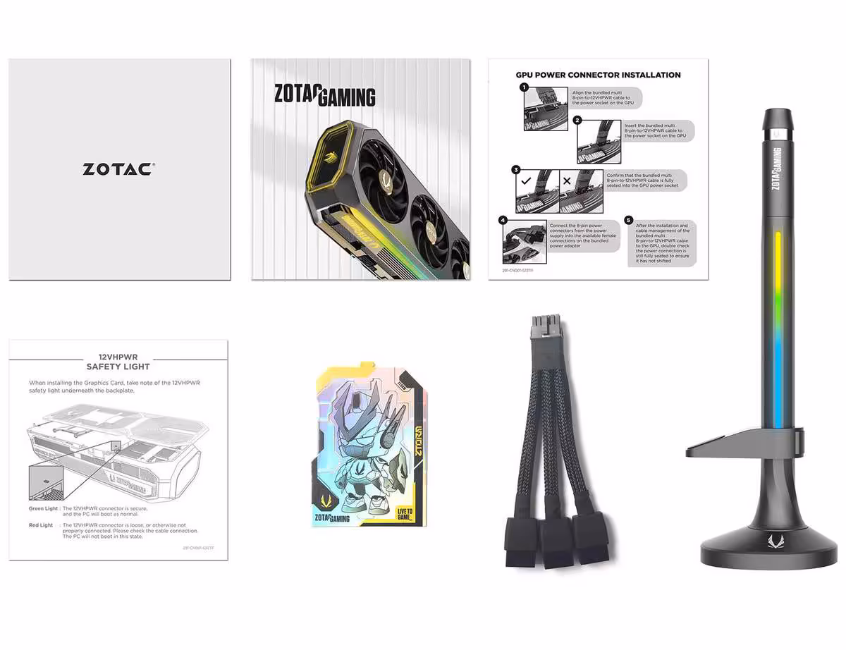 RTX 5080 Zotac SOLID CORE OC 20th Anniversary Edition, une série limitée au look titane 5 Contenu de la boîte Zotac RTX 5080, accessoires, câbles, support et manuel d’installation