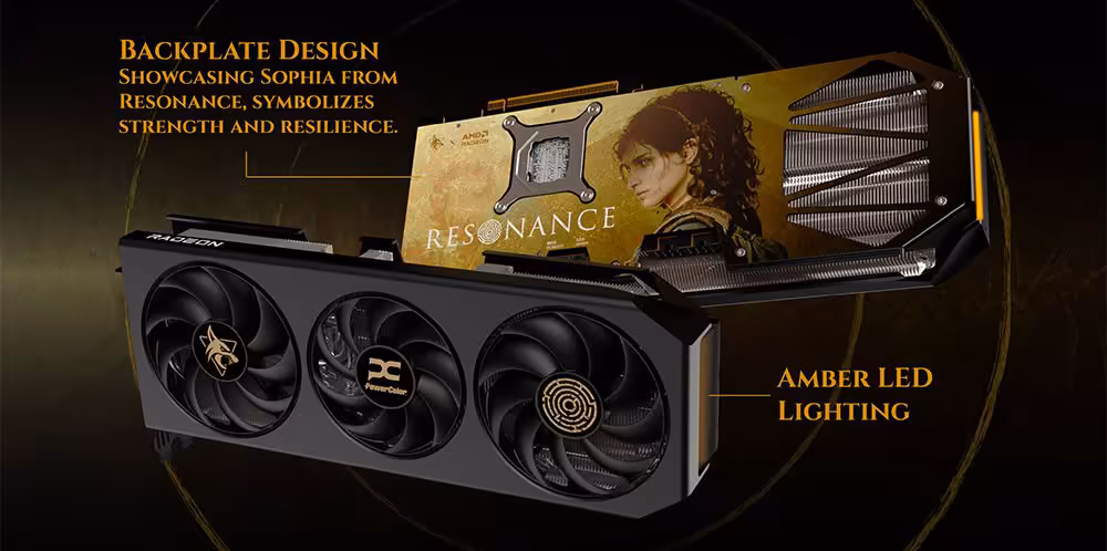 RX 9070 XT Hellhound Resonance Edition : PowerColor signe une édition collector complète 3 PowerColor Hellhound RX 9070 XT Resonance Edition mise en avant avec texte sur backplate et éclairage ambre.