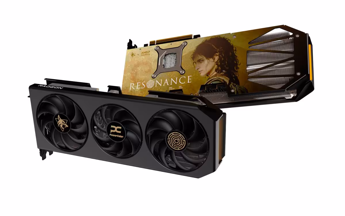 RX 9070 XT Hellhound Resonance Edition : PowerColor signe une édition collector complète 2 Carte graphique PowerColor RX 9070 XT Hellhound Resonance Edition avec triple ventilateur et backplate décorée.