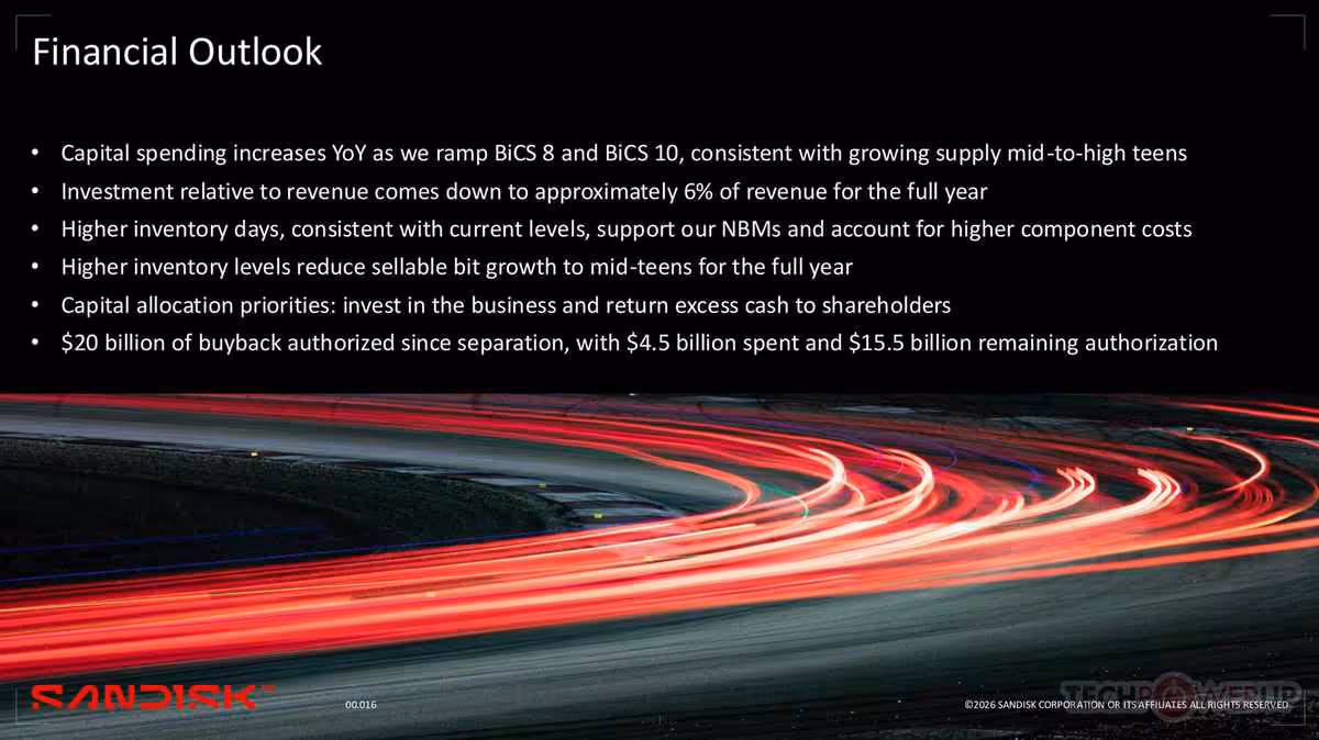Sandisk boucle un T4 2026 record avec 8,97 milliards de dollars de revenus 9 Slide Financial Outlook Sandisk avec traînées lumineuses rouges sur fond noir et perspectives d’investissement