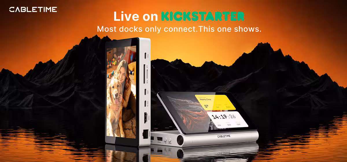 ScreenDock : Cabletime greffe un écran 5,5 pouces 720p à sa station d’accueil USB-C 8-en-1 2 Dock Cabletime avec écran intégré affichant une interface créative orange, sur fond de montagne au coucher du soleil.