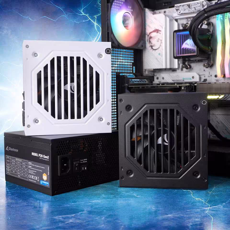 Sharkoon Rebel P20 Gen 2 : une alimentation ATX 3.1 jusqu’à 1000 W sous 99,90 € 2 Deux alimentations Sharkoon Rebel P20 Gen 2 blanches et noires, vue face avant avec grille de ventilation.