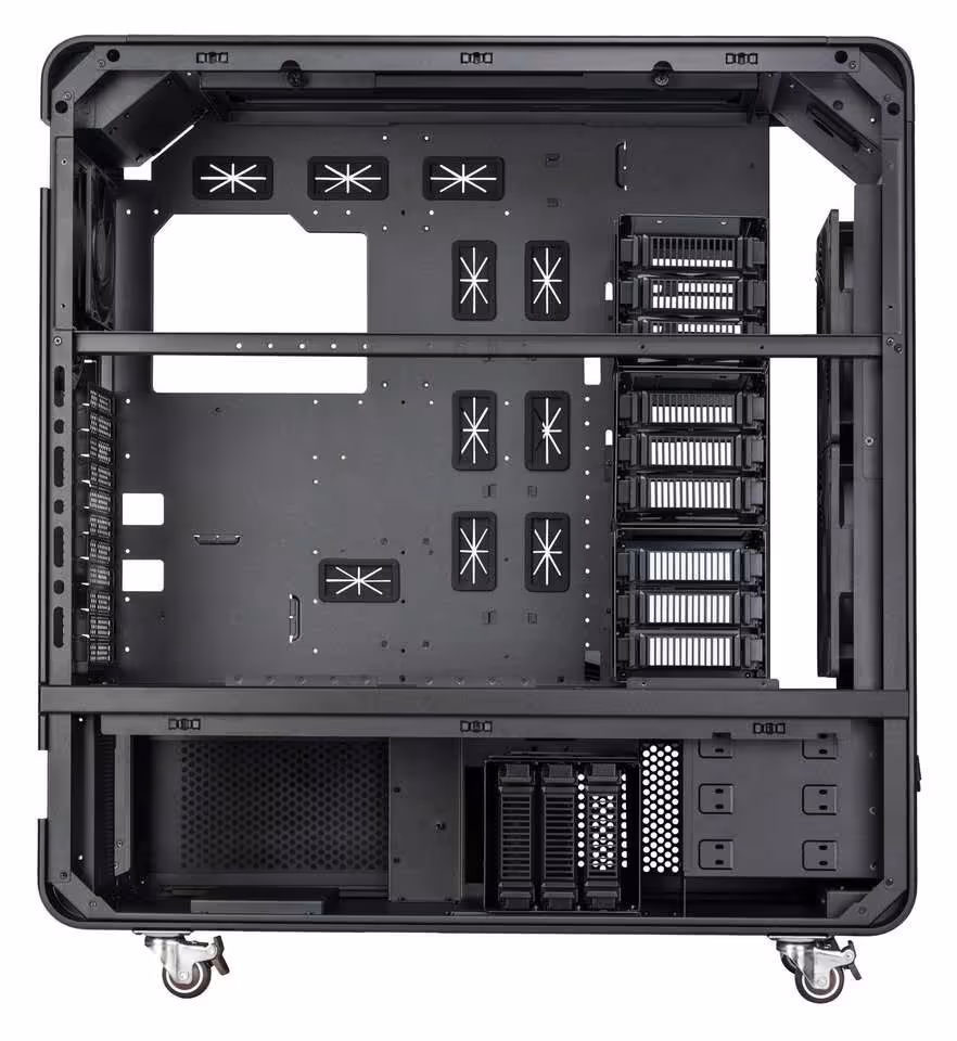 SilverStone ALTA T2 : un boîtier super tour taillé pour les stations IA multi-GPU 3 Intérieur du boîtier SilverStone ALTA T2 avec châssis vide, baies de stockage et découpes pour ventilation