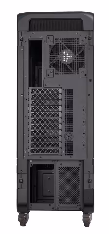 SilverStone ALTA T2 : un boîtier super tour taillé pour les stations IA multi-GPU 7 Panneau arrière du SilverStone ALTA T2, équerres PCIe, ouverture ventilée et pieds à roulettes