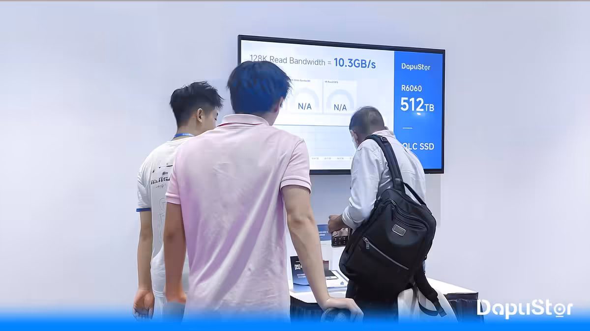 SSD DapuStor : 512 To et refroidissement liquide pour l’IA dévoilés au FMS 2026 3 Visiteurs devant un écran présentant le SSD DapuStor R6060 512TB et ses performances