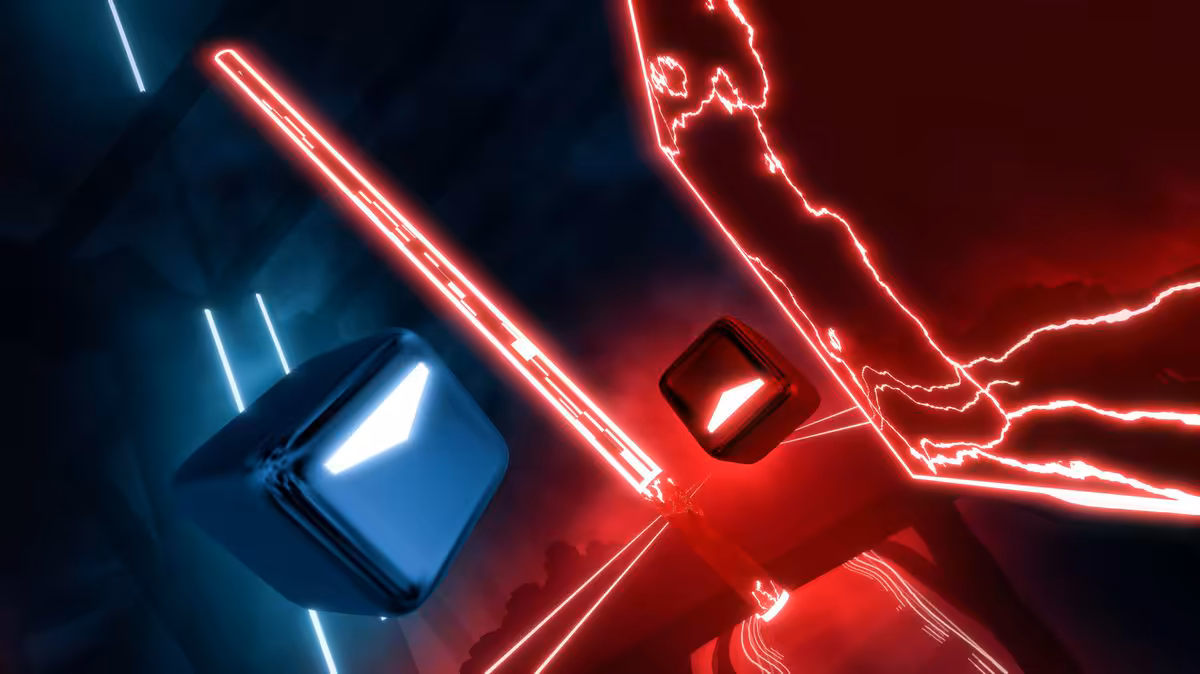 Visuel abstrait de cubes néon bleu et rouge, sans produit identifiable clairement