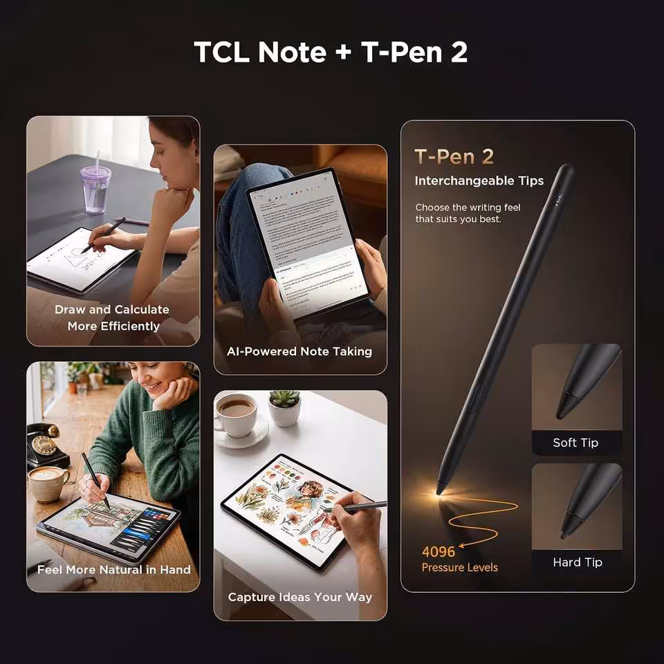 Visuel promotionnel TCL Note + T-Pen 2 avec fonctions de prise de notes et pointes interchangeables.