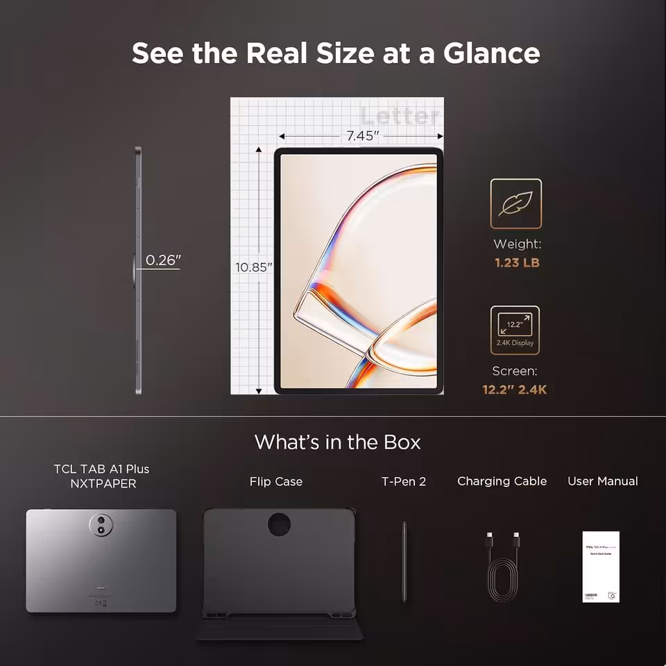 Infographie TCL TAB A1 Plus NXTPAPER montrant dimensions, poids, écran 12,2 pouces et contenu de la boîte.