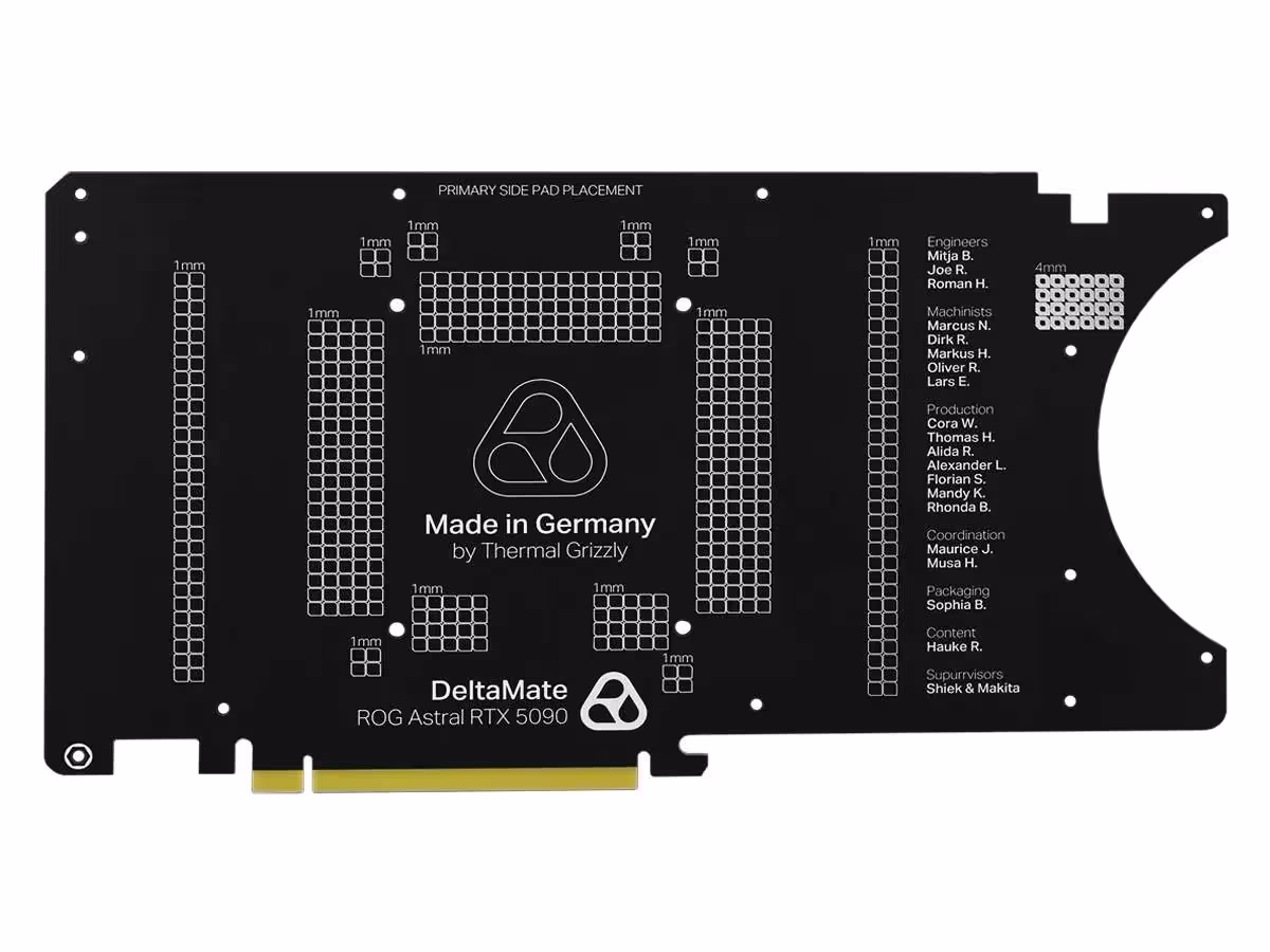 DeltaMate RTX 5090 Glass Edition : le waterblock Thermal Grizzly à 643,38 dollars 4 Plaque thermique en métal noir pour carte graphique, écriture contrastée, fond noir