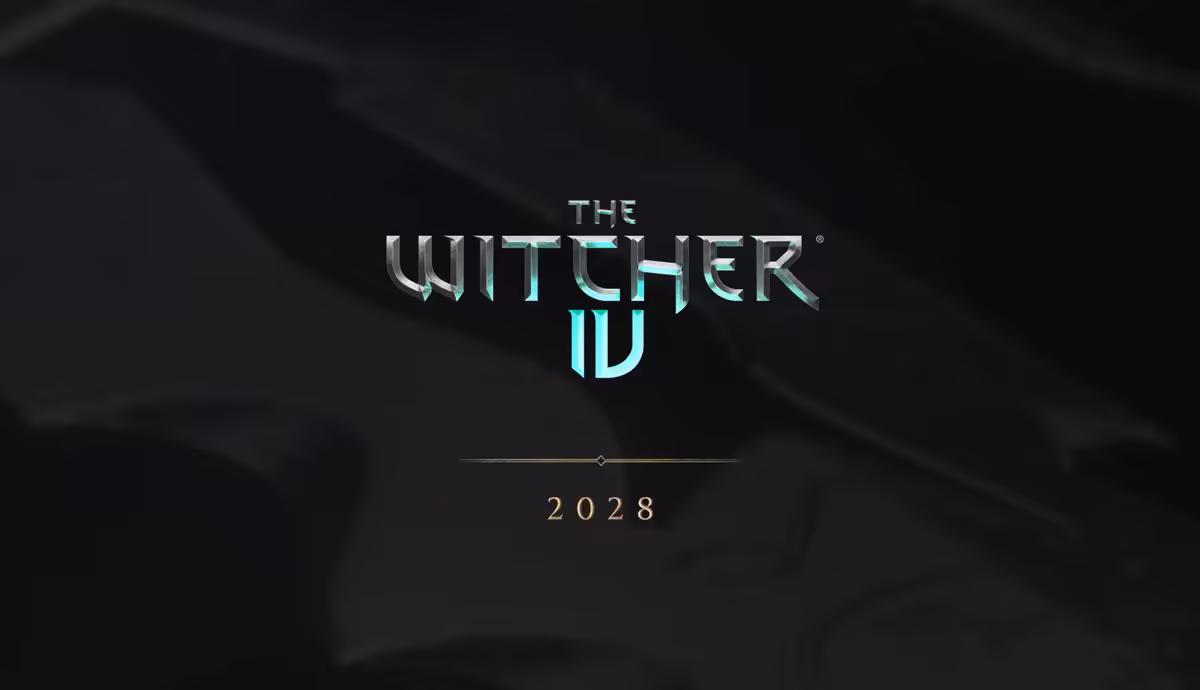 Logo The Witcher IV sur fond noir, avec la date 2028 affichée au centre