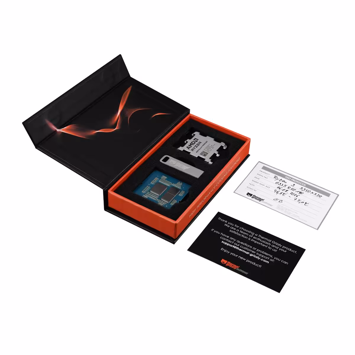 Ryzen 9 9950X3D2 : Thermal Grizzly vend une version décapsulée avec garantie 2 Kit de delid Thermal Grizzly avec packaging noir et rouge, processeur visible, fond sombre et soigné