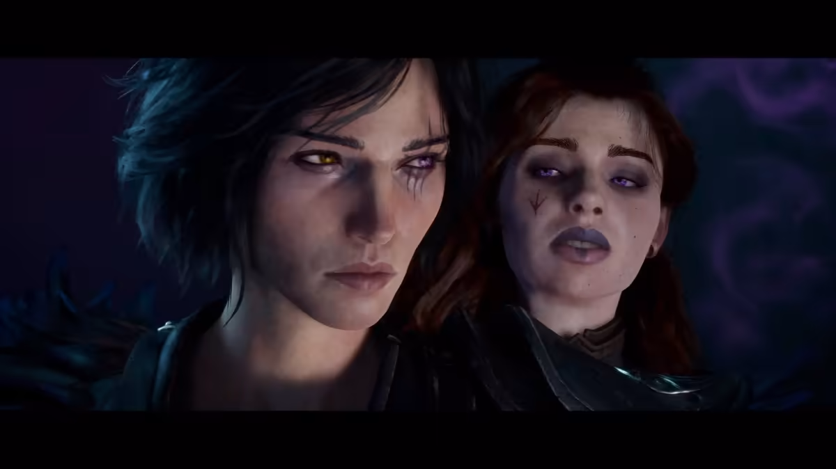 Deux personnages féminins en gros plan dans une scène cinématique sombre, style fantasy
