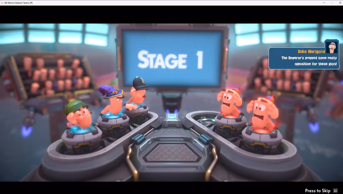Worms Galactic Tactics fuite avant lancement, le virage XCOM se précise chez Team17 4 Écran de sélection de stage avec quatre vers sur un dispositif sci-fi et texte Stage 1