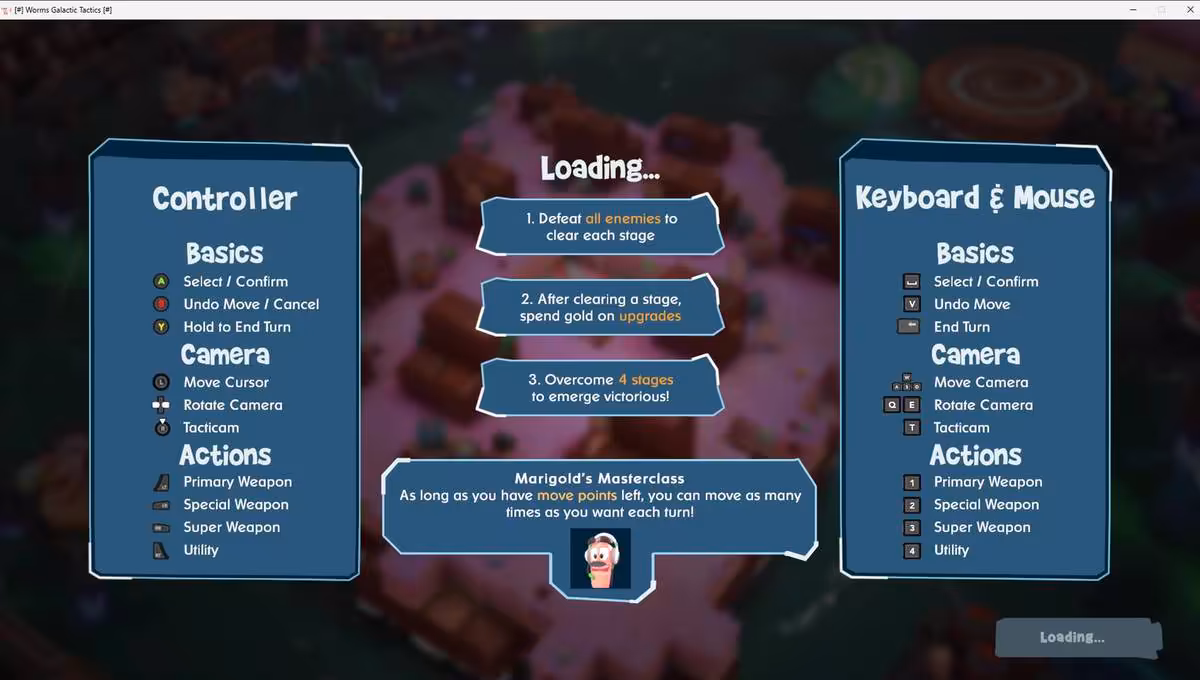 Worms Galactic Tactics fuite avant lancement, le virage XCOM se précise chez Team17 5 Écran d’aide Worms Galactic Tactics montrant commandes clavier-souris et manette, avec options de contrôle