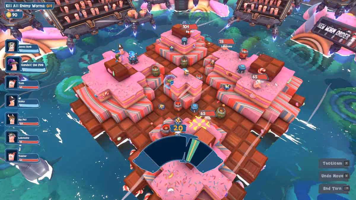Worms Galactic Tactics fuite avant lancement, le virage XCOM se précise chez Team17 6 Capture de combat tactique Worms Galactic Tactics sur carte rose en vue isométrique avec interface latérale