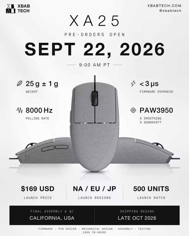 Affiche produit XBAB XA25 indiquant précommandes, poids 25 g, capteur PAW3950 et 8000 Hz