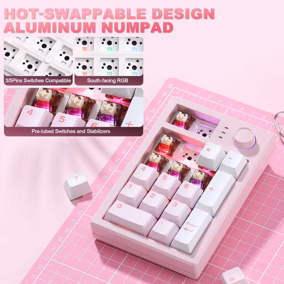 Yunzii AL21 : un pavé numérique aluminium sans fil à 49,99 dollars pour claviers compacts 11 Yunzii AL21 rose montrant les switches hot-swappable 3/5 pins, stabilisateurs lubrifiés et RGB south-facing