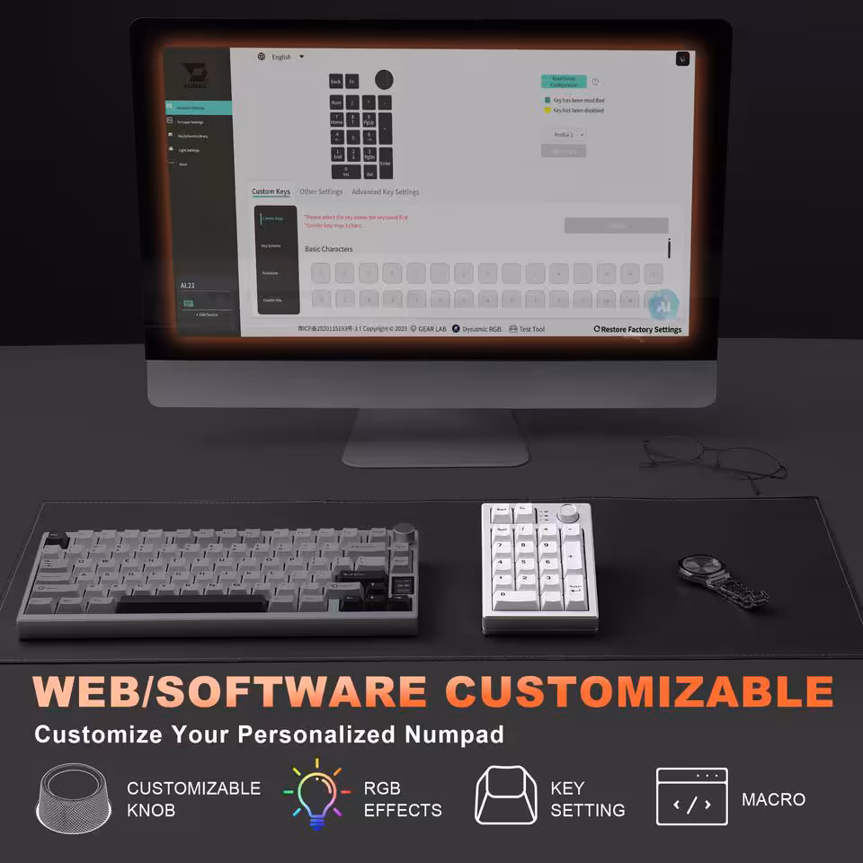 Yunzii AL21 : un pavé numérique aluminium sans fil à 49,99 dollars pour claviers compacts 13 Pavé numérique Yunzii AL21 connecté à un logiciel web pour personnaliser molette, RGB et macros
