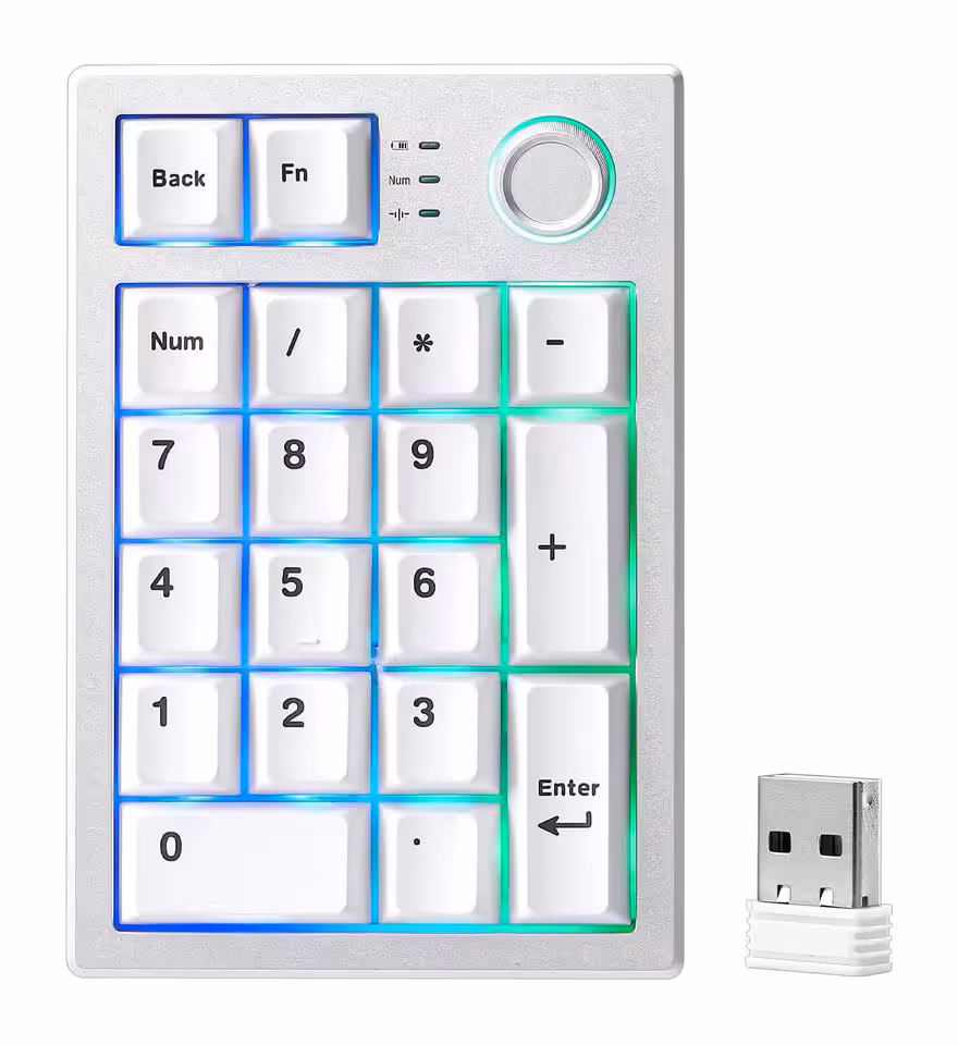 Yunzii AL21 : un pavé numérique aluminium sans fil à 49,99 dollars pour claviers compacts 3 Yunzii AL21 blanc avec 19 touches, molette rotative et dongle USB 2,4 GHz