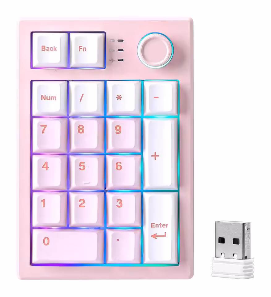 Yunzii AL21 : un pavé numérique aluminium sans fil à 49,99 dollars pour claviers compacts 4 Yunzii AL21 rose avec 19 touches, molette rotative et dongle USB 2,4 GHz