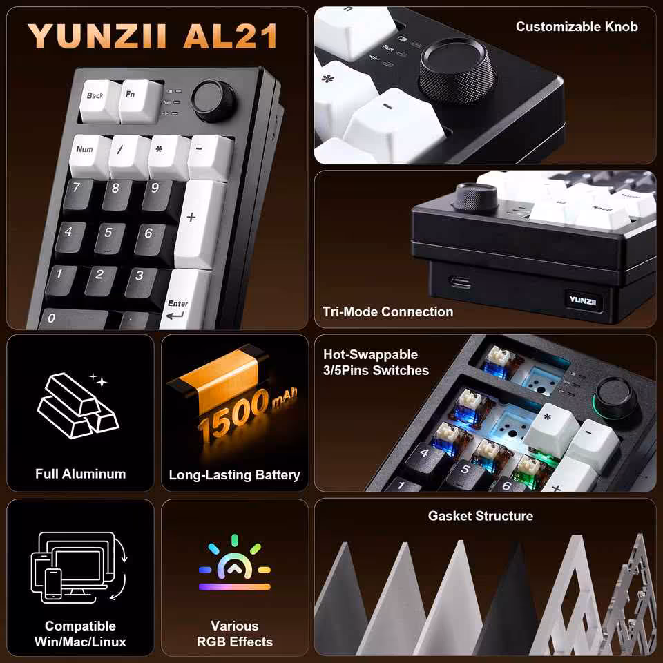 Yunzii AL21 : un pavé numérique aluminium sans fil à 49,99 dollars pour claviers compacts 6 Infographie Yunzii AL21 montrant aluminium, batterie 1500 mAh, hot-swap, RGB et compatibilité Win/Mac/Linux