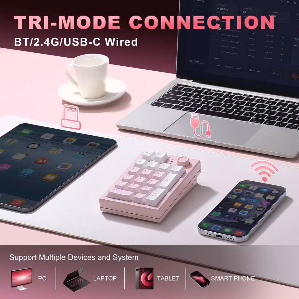 Yunzii AL21 : un pavé numérique aluminium sans fil à 49,99 dollars pour claviers compacts 7 Yunzii AL21 rose en connexion tri-mode avec tablette, smartphone et ordinateur portable