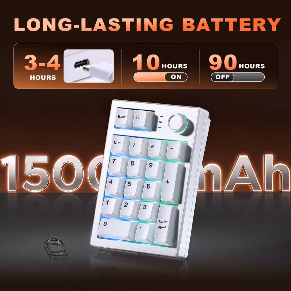 Yunzii AL21 : un pavé numérique aluminium sans fil à 49,99 dollars pour claviers compacts 8 Yunzii AL21 blanc illustrant batterie 1500 mAh et autonomie jusqu’à 90 heures