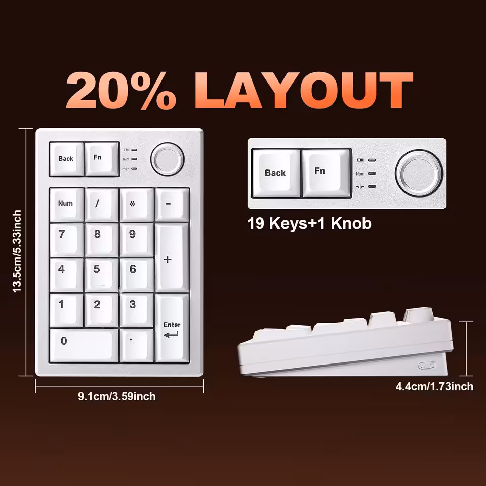 Yunzii AL21 : un pavé numérique aluminium sans fil à 49,99 dollars pour claviers compacts 9 Schéma du layout 20 %, Yunzii AL21 avec 19 touches et molette, dimensions du pavé numérique