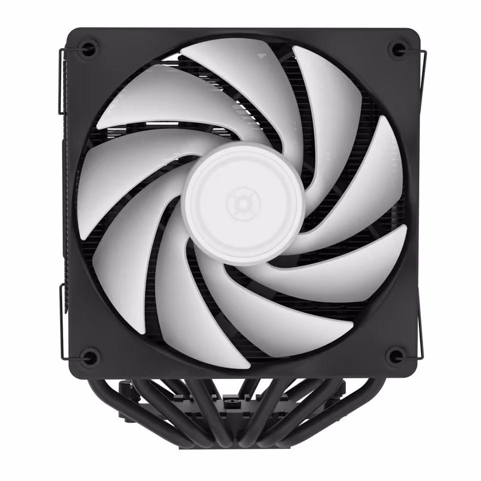 Ventilateur blanc Zalman CNPS12X BP, vue frontale sur radiateur CPU noir