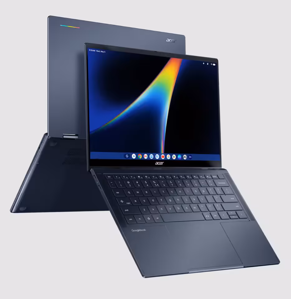 Acer Googlebook 14 : OLED 3K, Core Ultra et Gemini pour le premier modèle Acer 3 Acer Googlebook 14 ouvert sous ChromeOS, avec écran OLED, clavier détachable et vue arrière du châssis bleu