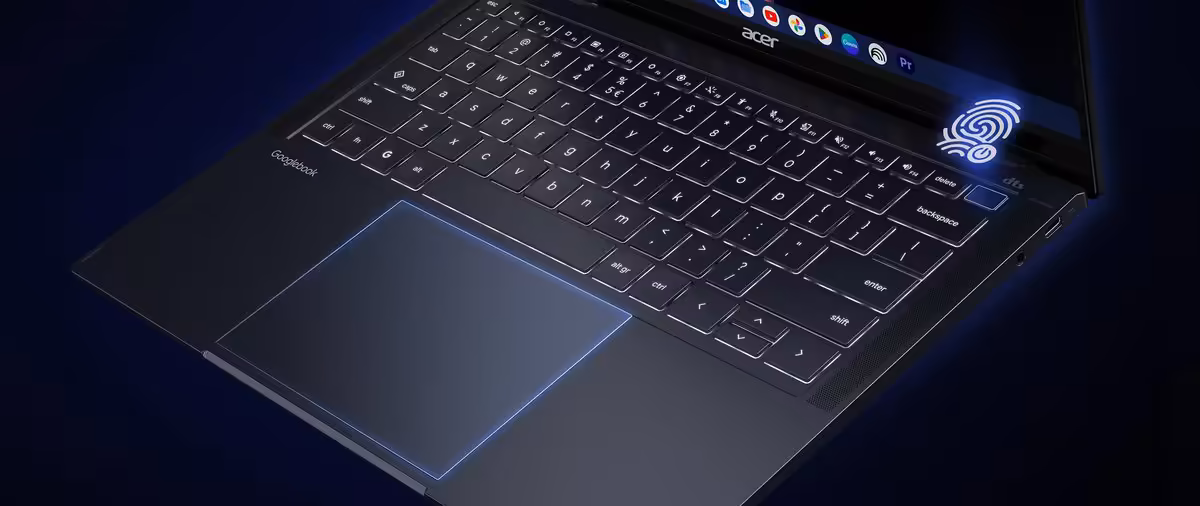 Acer Googlebook 14 : OLED 3K, Core Ultra et Gemini pour le premier modèle Acer 5 Gros plan du clavier et du pavé tactile Acer Googlebook 14, avec lecteur d’empreintes digitales