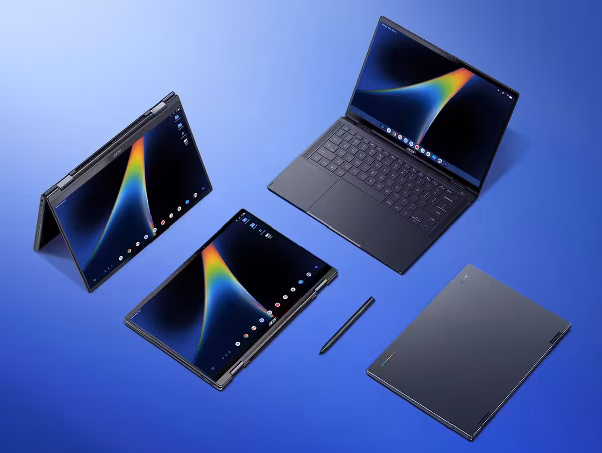 Acer Googlebook 14 : OLED 3K, Core Ultra et Gemini pour le premier modèle Acer 2 Acer Googlebook 14 présenté en quatre configurations, avec écran OLED tactile, mode tablette, stylet et châssis fermé