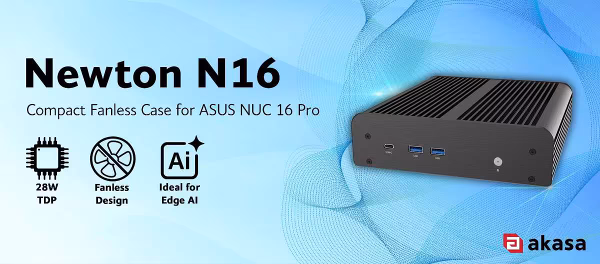 Bannière Akasa Newton N16 pour ASUS NUC 16 Pro, boîtier fanless compact 28W TDP