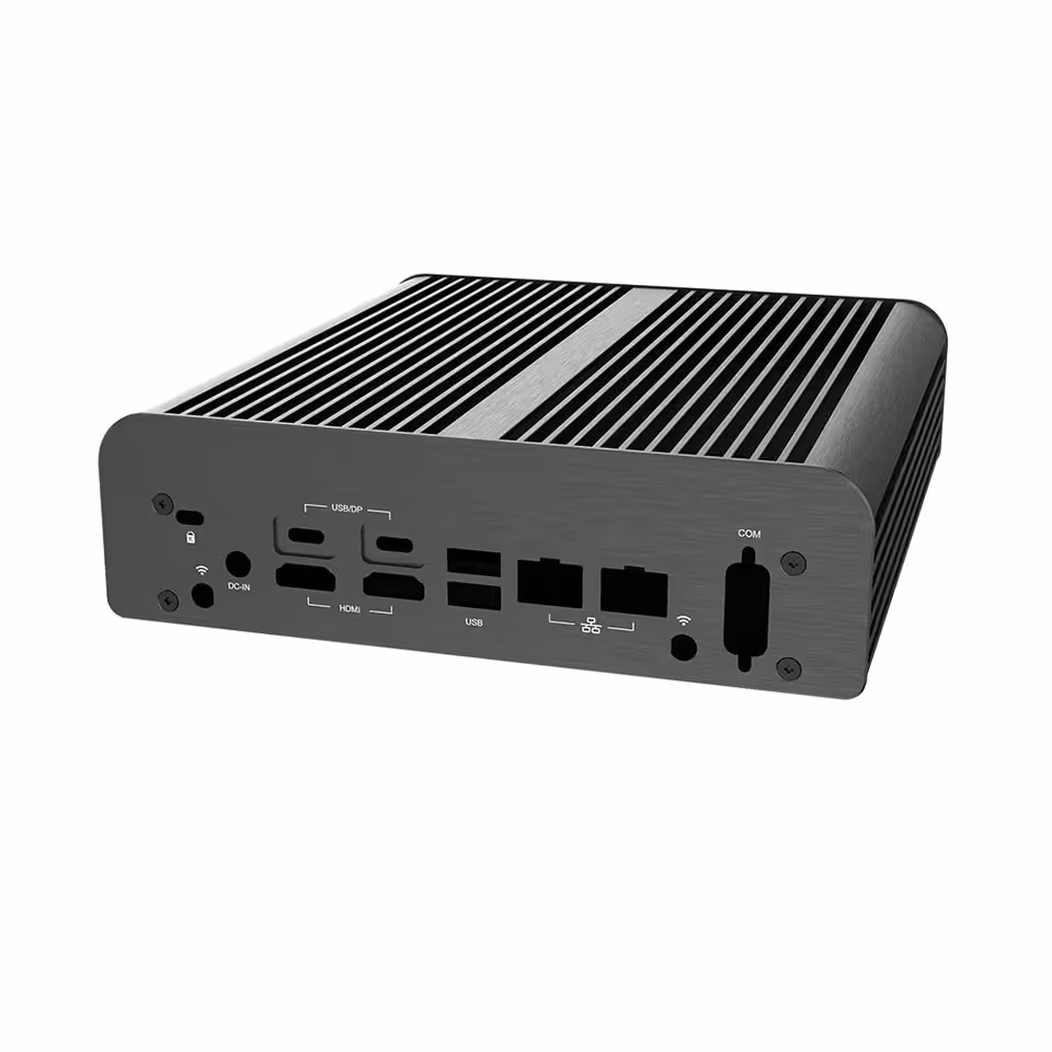 Boîtier Akasa Newton N16 vue arrière avec ports vidéo, réseau, alimentation DC et port série