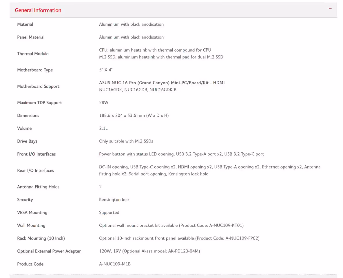 Tableau des spécifications Akasa Newton N16 : matériaux, compatibilité ASUS NUC 16 Pro et TDP 28W