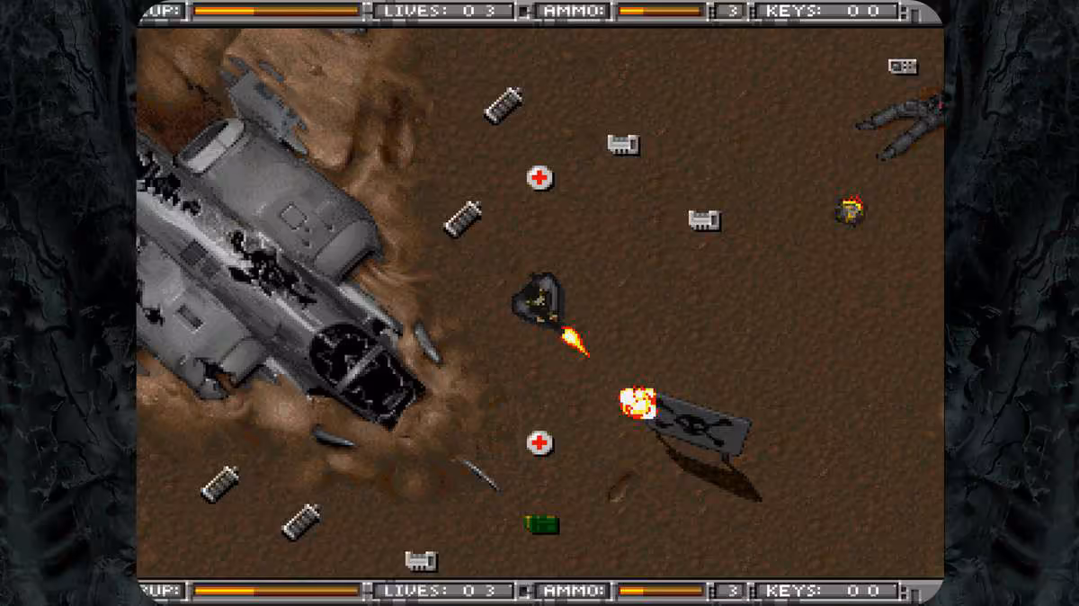 Capture de gameplay Alien Breed montrant un combat près d’une navette spatiale écrasée