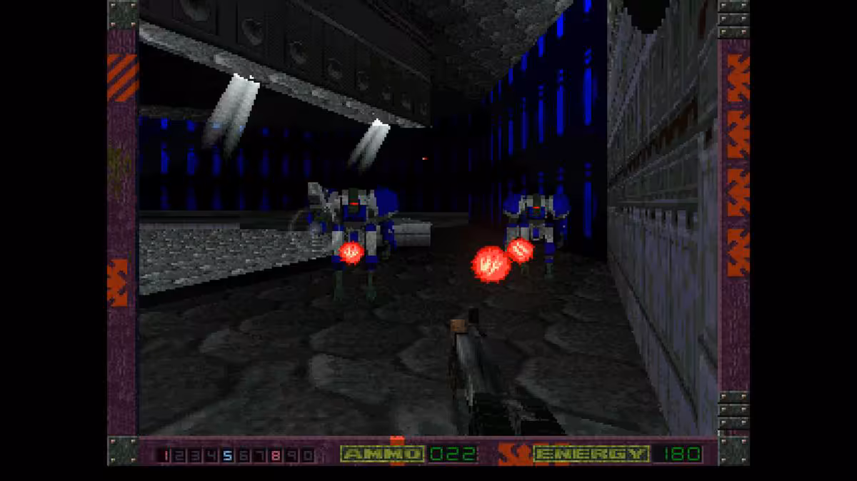 Capture de gameplay Alien Breed 3D en vue subjective dans un couloir sombre