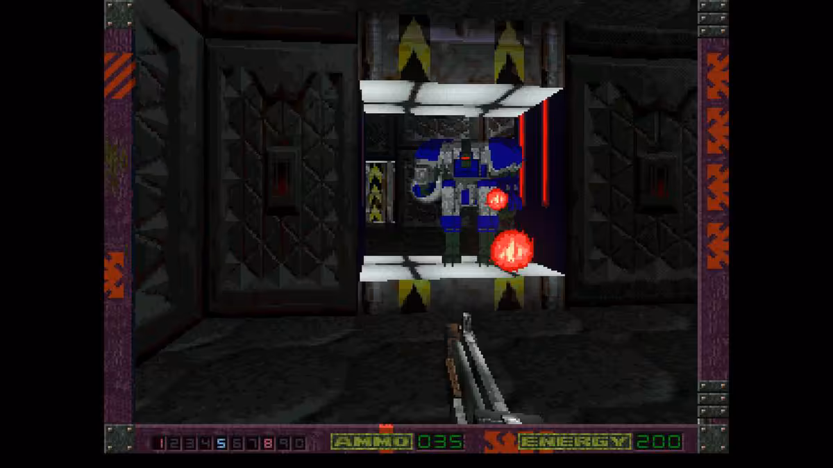 Capture de gameplay Alien Breed 3D montrant des ennemis robots devant une porte industrielle