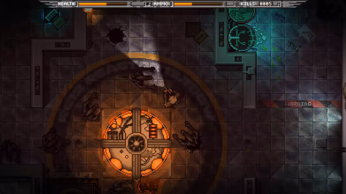 Capture de gameplay Alien Breed en vue aérienne autour d’une porte circulaire orange