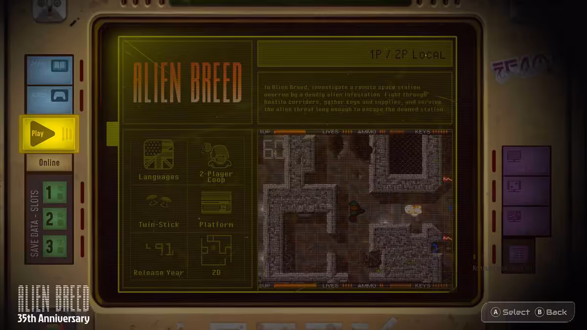 Menu principal Alien Breed avec sélection de campagne et aperçu de niveau