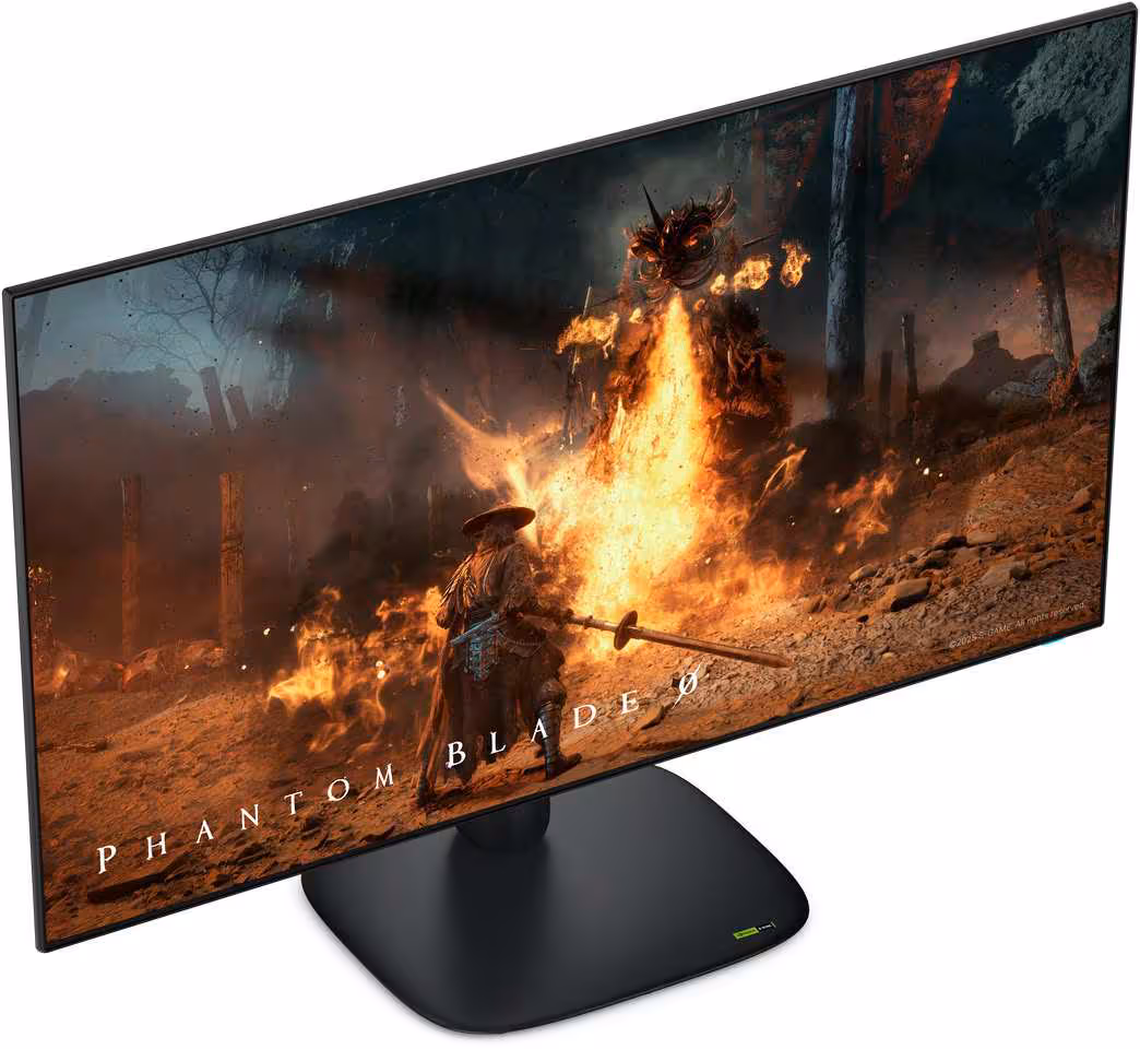 Alienware OLED : deux nouveaux écrans, un 4K 165 Hz à 699,99 $ et un 560 Hz QD-OLED 3 Moniteur Alienware OLED Phantom Blade Zero en trois-quarts avant, pied central noir