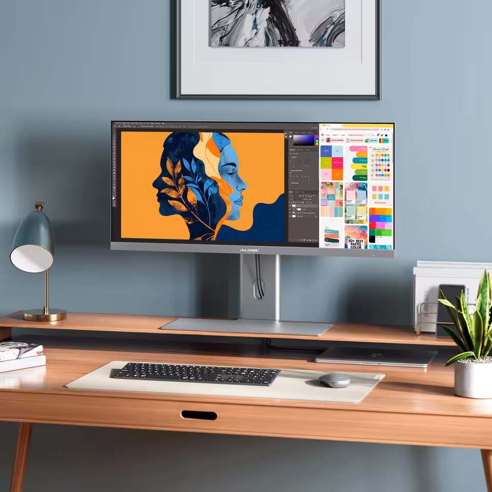 Alogic IFA 2026 : écrans 5K/6K tactiles, docks TB5 et gamme Vision pro 15 Poste de travail créatif avec moniteur Alogic ultrawide, interface graphique et palette couleur