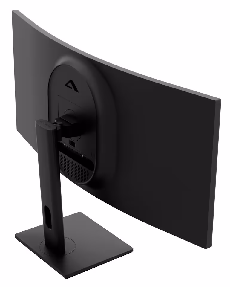 Alogic IFA 2026 : écrans 5K/6K tactiles, docks TB5 et gamme Vision pro 22 Moniteur Alogic noir incurvé, vue arrière trois-quarts sur pied