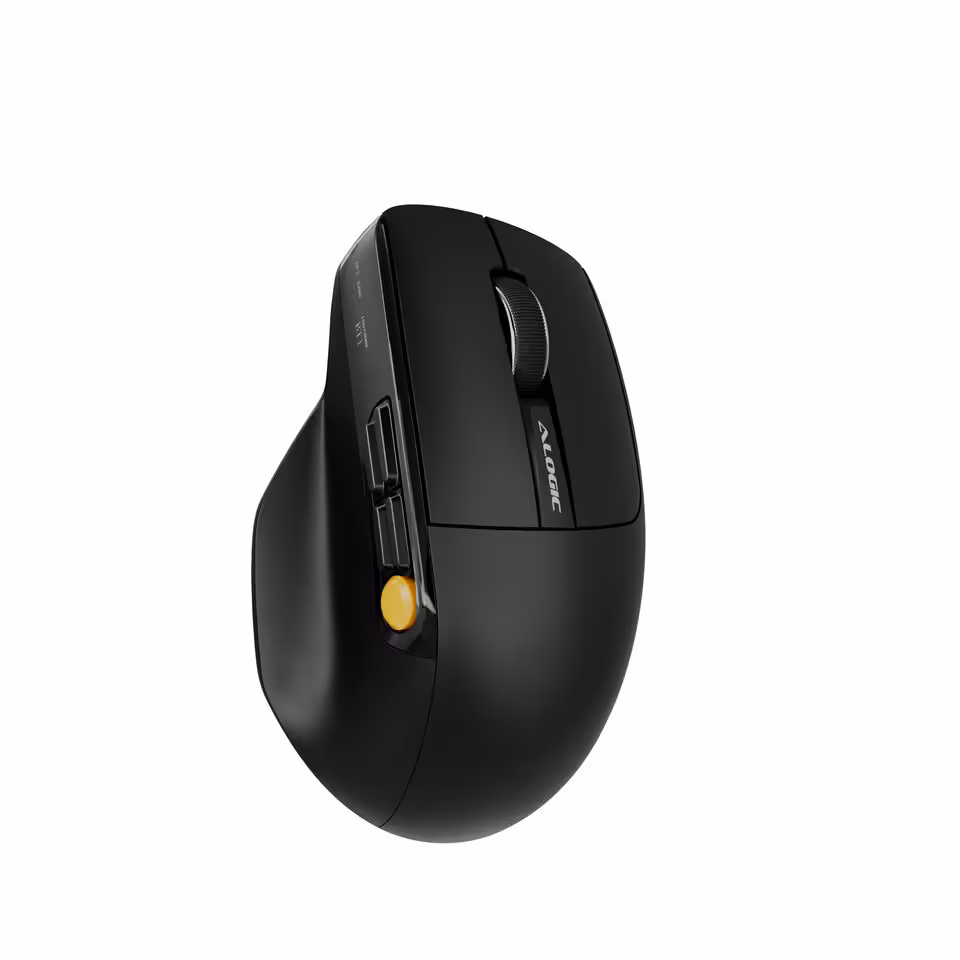 Alogic IFA 2026 : écrans 5K/6K tactiles, docks TB5 et gamme Vision pro 27 Souris Alogic ergonomique noire avec boutons latéraux et molette, fond blanc