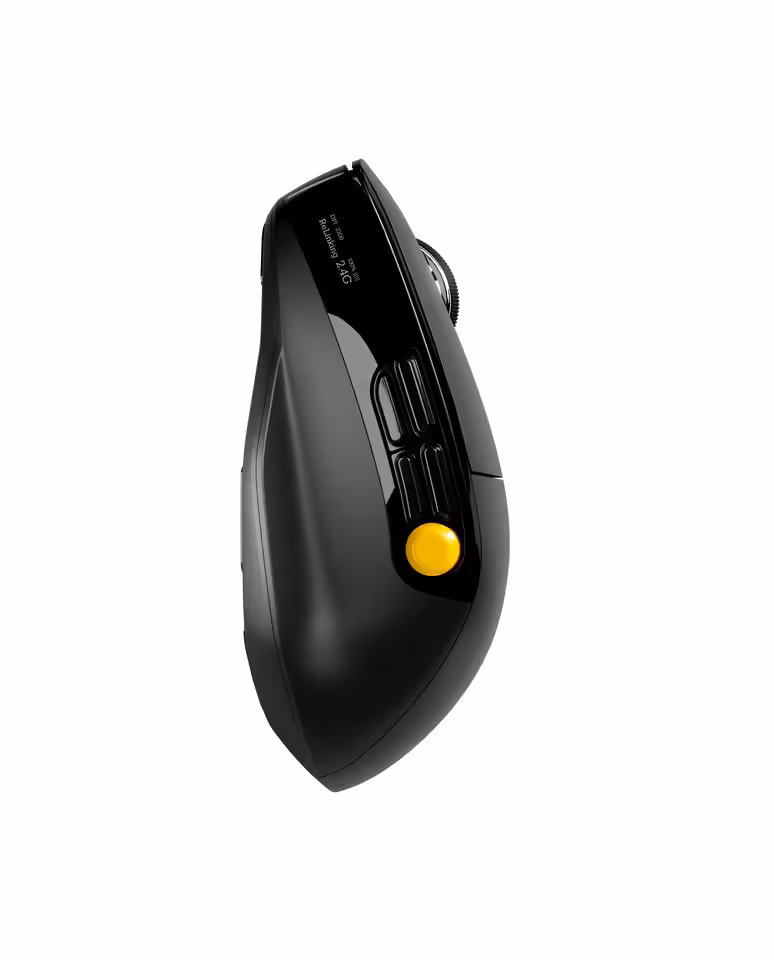 Alogic IFA 2026 : écrans 5K/6K tactiles, docks TB5 et gamme Vision pro 28 Souris verticale Alogic noire avec bouton jaune, vue latérale